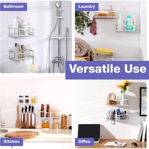Set rafturi baie KincMax pentru dus, montaj fara gaurire, metal rezistent, 2 rafturi cu carlige, organizator perete, Argintiu - Img 2
