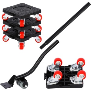 Set role transport mobilier Belle Vous, 4 platforme cu 16 roti 360°, levier ridicare, sarcina maxima de incarcare 400 kg, ABS + TPE, pentru mutare masina de spalat, frigider, canapea, Negru/Rosu