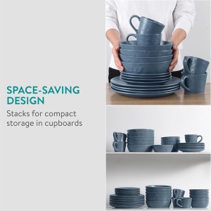 Set vesela din Ceramica Premium 16 piese, Navaris, pentru 4 persoane, design texturat, modern, compatibil cu masina de spalat si cuptor cu microunde, 2 tipuri de farfurii, boluri si cani, Albastru Fumuriu - Img 9