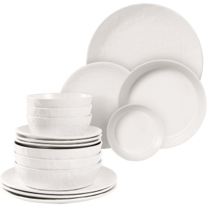 Set Vesela din Ceramica Premium Navaris, 16 piese, pentru 4 persoane, design texturat, modern, rezistent, compatibil cu masina de spalat si cuptor cu microunde, Alb