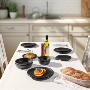 Set Vesela din Ceramica Premium, Navaris, 8 piese, pentru 2 persoane, design texturat, modern, rezistent, compatibil cu masina de spalat si cuptor, Negru - Img 5