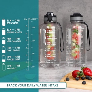 Sticla sport pentru apa Belle Vous, cu infuzor fructe, 2L, pai si capac rabatabil, marcaje motivationale timp, antiscurgere, 11 x 28.5 cm, Transparent - Img 2