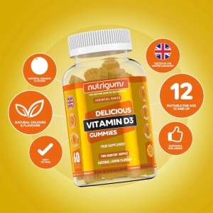 Supliment alimentar Vitamin D3 Gummies, Nutrigums, rezerva pentru doua luni, 1000iu de inalta rezistenta pentru sprijin imunitar, osos si muscular, potrivit pentru 12+ ani, vegan, aroma de lamaie, 60 de jeleuri - Img 3