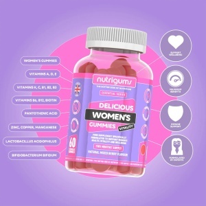 Supliment alimentar Women's Vitality Gummies, Nutrigums, Multivitamine, Probiotice, 19 nutrienti activi, pentru intestin, oase, energie, par, piele, vedere si imunitate, pentru femei, vegan, aroma de fructe de padure, 60 de jeleuri - Img 4