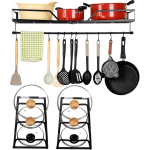 Suport Metalic Suspendat 3 in 1, Belle Vous, pentru ustensile de bucatarie, oale si capace, 80 x 30 x 8 cm, 10 carlige, Negru