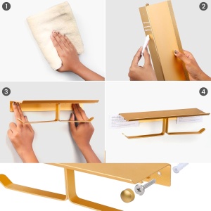 Suport pentru hartie igienica Belle Vous, raft pentru telefon, din aluminiu, 28 x 10 x 6.5 cm. Auriu - Img 5