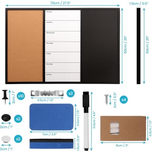 Tabla magnetica Kurtzy, 3in1, tabla creta, panou din pluta, tabla marker, 70 x 50 cm, accesorii incluse - Img 2
