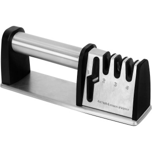 Ascutitor de cutite profesional Belle Vous, 22 x 6 x 8.3 cm, 4 trepte de ascutire, manual, sectiune ascutire foarfece, Otel, Negru/Argintiu