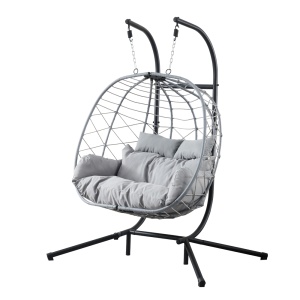Balansoar suspendat dublu tip cuib Kiwari® Duo, cuib 68 x 126 x 114 cm, suport metalic 200 cm cu baza stabila cu patru picioare, plastic rezistent, leagan relaxare pentru casa/gradina/terasa/balcon, Gri