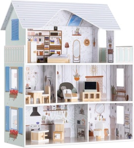 Casa de papusi din lemn Navaris, cu 3 etaje, cu mobilier si accesorii, 5 camere si balcon, 69.5x62x27 cm