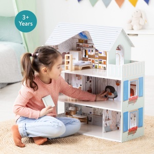 Casa de papusi din lemn Navaris, cu 3 etaje, cu mobilier si accesorii, 5 camere si balcon, 69.5x62x27 cm - Img 5