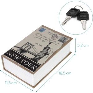 Caseta de valori Navaris, cutie metalica, inchidere cu cheie, 18.5 x 11.5 x 5.2 cm, tip carte, New York design, Maro - Img 3