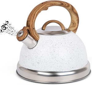 Ceainic fluierator, Belle Vous, din otel inoxidabil, 3 L, maner rezistent la caldura, 22.5 x 22 cm, compatibil cu toate tipurile de plita, Alb/Argintiu