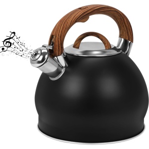 Ceainic fluierator Belle Vous, din otel inoxidabil, 3 L, maner rezistent la caldura, 19.5 x 22, compatibil cu toate tipurile de caldura, Negru/Maro