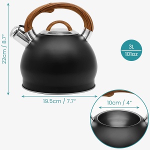 Ceainic fluierator Belle Vous, din otel inoxidabil, 3 L, maner rezistent la caldura, 19.5 x 22, compatibil cu toate tipurile de caldura, Negru/Maro - Img 6