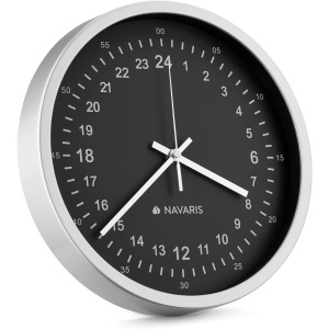 Ceas de perete Navaris, Ø 30 cm, mecanism silentios, design modern, plastic/sticla, Negru/Argintiu