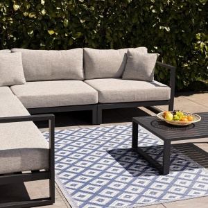 Covor pentru exterior JEMIDI, 120x180cm, polipropilena, rezistent la intemperii, usor de curatat, pentru balcon/terasa, Alb/Albastru - Img 7