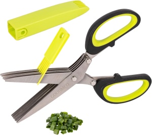 Foarfeca de Bucatarie, GOURMEO, pentru Ierburi Aromatice, 5 Lame, Otel Inoxidabil, Husa de Protectie si Pieptene de Curatre, Maner Ergonomic, Verde