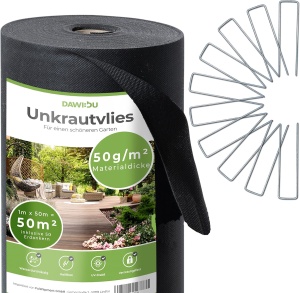 Folie agrotextil, antiburuieni, DAWIDU, permeabila, rezistenta la UV, 50 g/m2, 1m x 50m, 50 m², Negru, 50 de ancore galvanizate