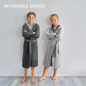Halat de baie pentru copii HOMELEVEL, 11-12 ani, 146-152 cm, reversibil, din poliester, cu gluga, Antracit/Negru - Img 3