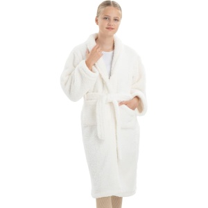 Halat de baie pentru copii HOMELEVEL, 9-10 ani, 134-140 cm, reversibil, din poliester, cu gluga, Crem
