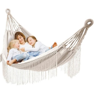Hamac HOMELEVEL, din bumbac, 220 x 115 cm, cu franjuri, greutate maxima suportata 120 kg, interior/exterior, Alb/Crem
