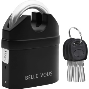 Lacat cu antifurt Belle Vous, 6.9 x 3.2 x 9.3 cm, 3 chei, Alarma 110 dB, Rezistenta la intemperii, Otel, Negru