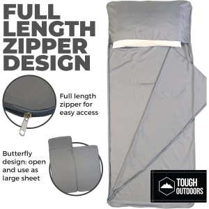 Lenjerie de pat travel tip sac de dormit Tough Outfitters, ultrausor, din poliester, 94 x 216 cm, pentru 1 persoana, cu fermoar, Gri - Img 4
