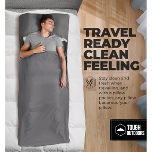 Lenjerie de pat travel tip sac de dormit Tough Outfitters, ultrausor, din poliester, 94 x 216 cm, pentru 1 persoana, cu fermoar, Gri - Img 5