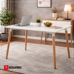 Masa Dining Kiwari® Alva, Blat MDF, Picioare Lemn Fag, Design Modern Bucatarie/Living, 120x80 cm, Capacitate 4–6 Persoane, Alb - Img 8