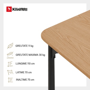 Masa Kiwari® Arno, MDF si Metal, Design Modern, 110×70×75 cm, Lemn Deschis & Negru - Img 5