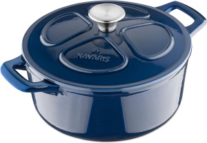 Oala fonta emailata Navaris, albastru, cu capac, pentru cuptor, plita, gaz, electric, cu inductie, cu infrarosu, 24 cm, 3.5 l