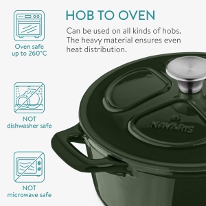 Oala fonta emailata Navaris, verde inchis, cu capac, pentru cuptor, plita, gaz, electric, cu inductie, cu infrarosu, 20 cm, 2.5 l - Img 3