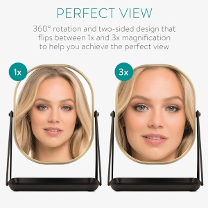 Oglinda Cosmetica Navaris, Rotativa 360°, Ovala, 2 Fete 1x/3x, cu Baza Metalica si Tava pentru Bijuterii, 18 x 22.6 cm, Negru/Auriu - Img 4