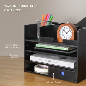 Organizator birou cu sertare Navaris, 33x24x26 cm, auto-asamblare, negru, bambus - Img 4