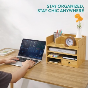 Organizator birou Navaris, 33x24x26 cm, sertare si compartimente, montaj, maro, bambus - Img 7