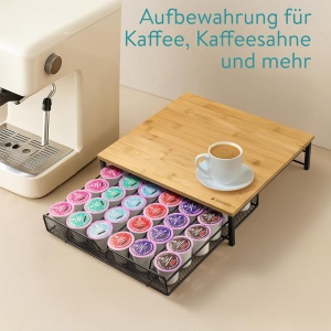 Organizator capsule cafea Navaris, sertar depozitare pentru capsule K-Cup/Dolce Gusto, suport pentru aparat cafea, metal si bambus, 35 x 32.5 x 9 cm, Negru/Natur - Img 2