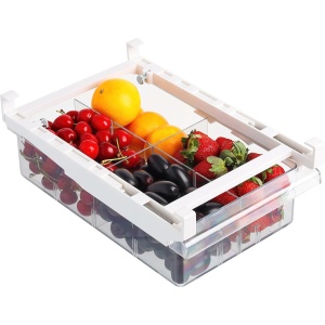 Organizator glisant pentru frigider Kurtzy, 30 x 20 x 9 cm, fixare pe raft, plastic fara BPA, cutie depozitare legume, fructe si alimente, Transparent