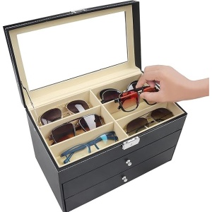 Organizator ochelari Kurtzy, 33.5 x 19 x 22 cm, 18 compartimente, 3 niveluri cu 2 sertare, piele ecologica, capac sticla, Negru - Img 4