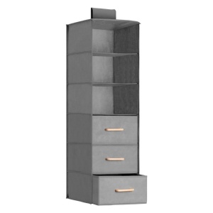 Organizator suspendat pentru dulap Navaris, cu 3 rafturi si 3 sertare, 35 x 30 x 108 cm, pliabil, manere din lemn de fag, Gri