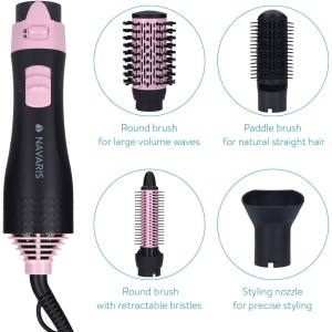 Perie cu aer cald Navaris, 700W, 4 capete pentru stlizare, 3 trepte temperatura si viteza, functie aer rece, invelis ceramic, cablu 1.85 m, Negru/Roz - Img 4