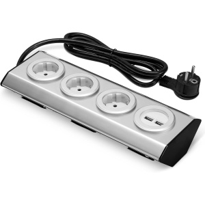 Prelungitor pentru blat Navaris, 3 prize schuko, 2 porturi USB, cablu 1.5 m, din inox/plastic, montare pe blat, birou, perete, colt, Gri - Img 2