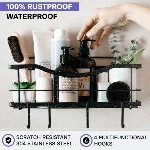 Raft de dus Kincmax, nu necesita gaurire, din otel inoxidabil, raft auto-adeziv pentru depozitare in bucatarie, cu carlige, 13 x 13 x 32 cm - Img 3