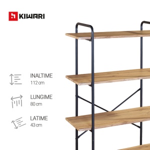 Raft Kiwari® Quad, 4 polite, 112×34×80 cm, MDF si Metal, Design Modern Industrial, Negru & Stejar - Img 3