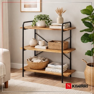 Raft Kiwari® Triv, 3 polite, 80×34×80 cm, MDF si Metal, Design Modern Industrial, Negru & Stejar - Img 5