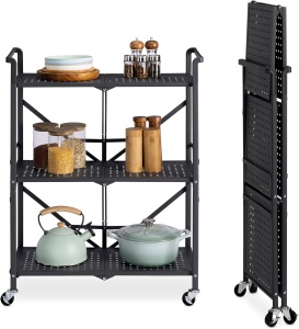 Raft metalic pliabil Navaris, 3 nivele, 33.5x69x93 cm, cu roti si frana, 150 kg, negru, otel/metal