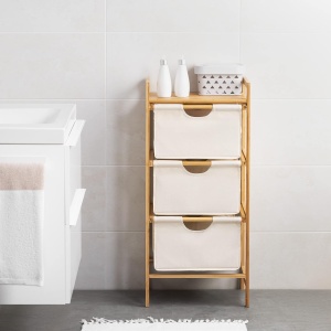 Raft pentru baie Navaris, 96 x 44 x 33 cm, organizator cu 3 sertare din material textil, cadru din bambus si raft superior, Bej - Img 3