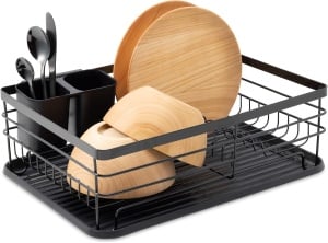Raft scurgator de vase, Navaris, cu suport tacamuri, tava scurgere, metal, 41.5 x 30.5 x 14 cm, negru