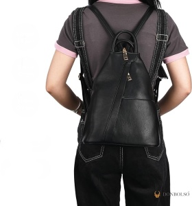 Rucsac pentru femei, DONBOLSO, imitatie de piele 2-in-1, cu baza ranforsata, curea reglabila, Negru - Img 3