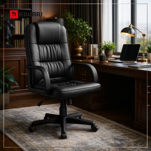 Scaun Birou Kiwari® Hab, Spatar Inalt, Sezut din Piele PU, Reglabil pe Inaltime, Baza cu Roti pentru Mobilitate, Design Executiv Confort Extra, Capacitate 120 kg, Negru - Img 2
